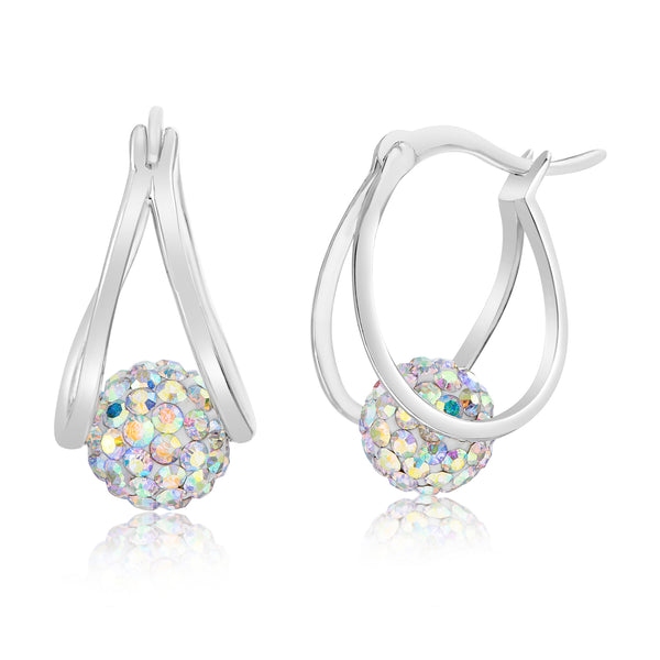 Lesa Michele Crystal Ball Split Hoop Earrings in Rhodium Plated Brass