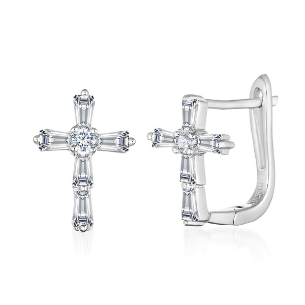 Sterling Silver Cubic Zirconia Cross Huggie Hoop Earrings