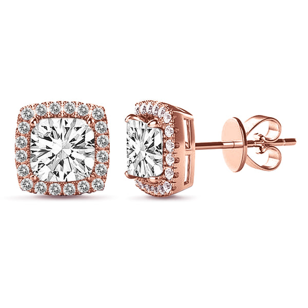 Rose Gold Plated Sterling Silver Asscher Halo Stud Earrings