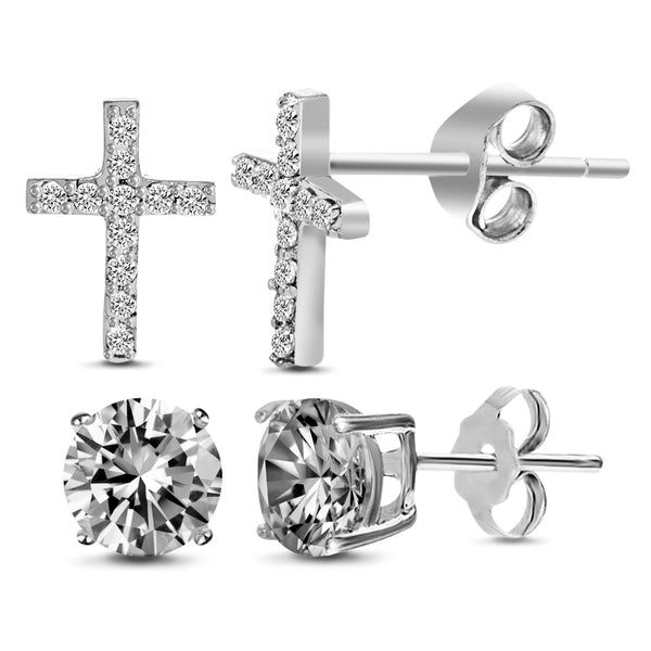 Sterling Silver Cubic Zirconia Cross and 5mm Round Stud Earrings