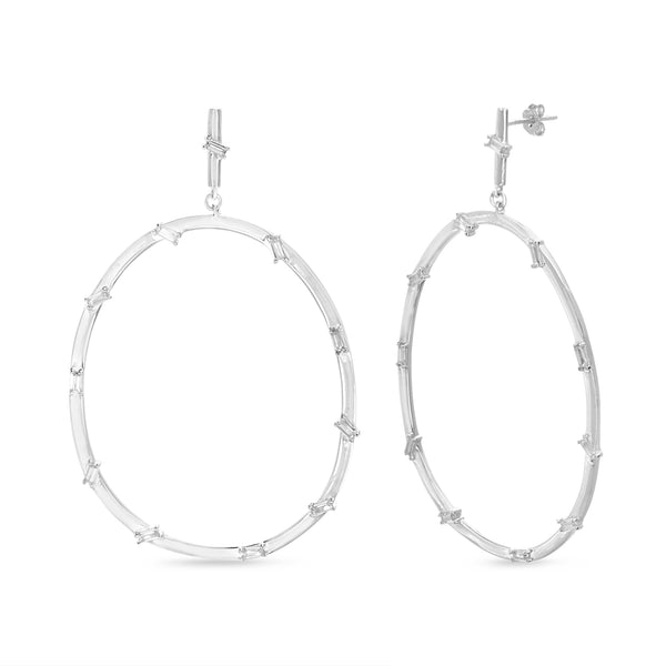 Lesa Michele Rhodium Plated Sterling Silver Bar Drop Open Hoop Post Earrings