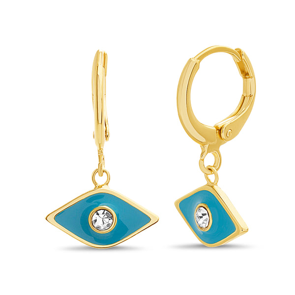 Lesa Michele Turquoise Enamel Cubic Zirconia Center Dangle Evil Eye Hoop Earrings in Yellow Gold Plated Sterling Silver