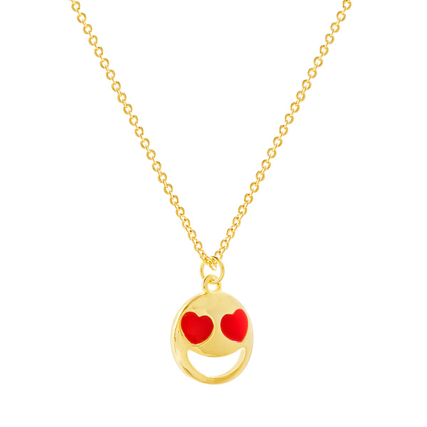 Lesa Michele Yellow Gold Heart Eyes Smiley Face Necklace in Brass