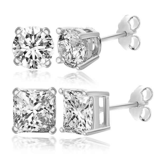 Lesa Michele Rhodium Plated Sterling Silver 6mm Round and Square Cubic Zirconia Stud Earring Set